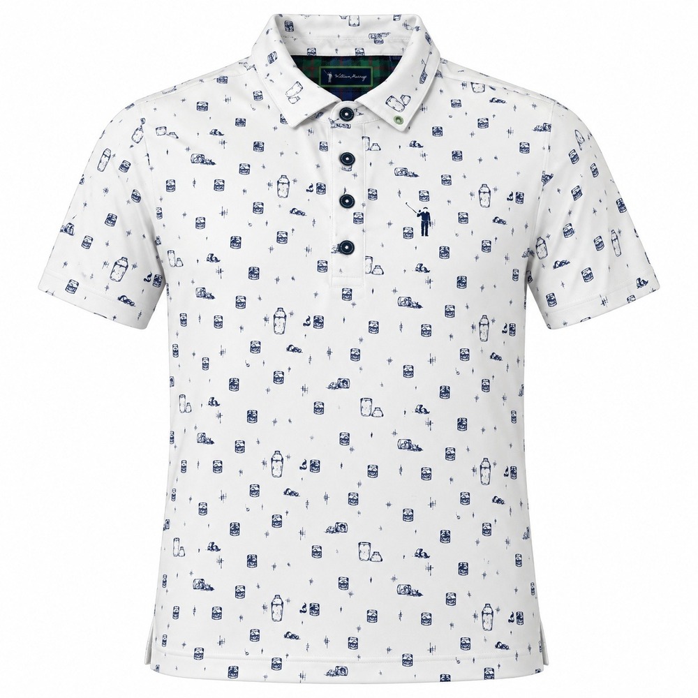 William Murray Golf Polo Mens Large White Navy Cocktail Glass Print Short Sleeve